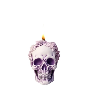 Purple rose skull scented candle with floral crown design on a white background