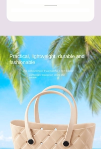 Detail showing the waterproof EVA material texture and handle of this cream beach tote bag
