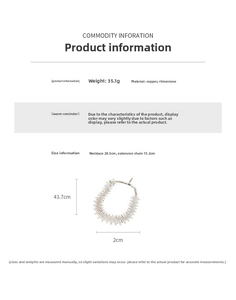 Detailed chart showing copper rhinestone necklace dimensions and 35.1g weight specs