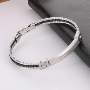 Men's titanium steel cable bracelet featuring a brushed metal plate and twin wire ropes