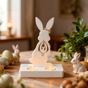 White ceramic Easter bunny candle holder with hanging egg pendant for tea lights