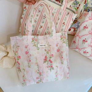 Petit sac à main en coton rose à fleurs avec étiquette simple wish style pastoral