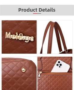Detail view of brown quilted leather handbag with gold logo and protective base studs