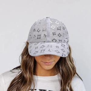 Women's white mesh baseball cap featuring sparkling silver sequins and a grid pattern