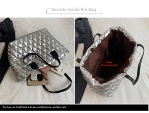 Detailed interior of a silver quilted tote bag showing large capacity for daily essentials