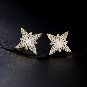 Minimalist 18K gold plated octagonal star stud earrings with white enamel and zircon stones