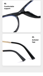 Detail showing comfortable nose pads and antiskid legs of cat eye black gold glasses
