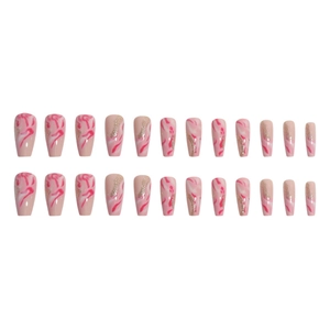 Pink marble and gold glitter coffin press-on nails set with long ballet shape tips