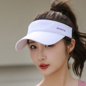 White sports sun visor hat with purple lettering for outdoor running and UV protection