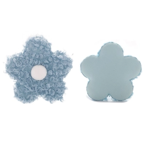 Close-up of blue plush teddy fabric 8cm flower accessories showing front and back view