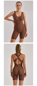 Deep brown V-neck sports romper featuring a cross-back cutout and built-in bra padding