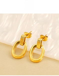 Detail of titanium steel oval double-hoop earrings with polished gold mirror finish