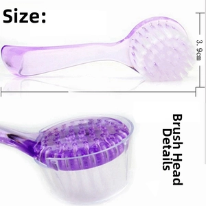 Detailed view of nail cleaning brush with a purple handle and protective dust cap