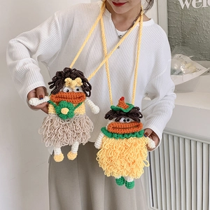 Handmade knitted crossbody bag with cartoon sausage lips and flower decor for women
