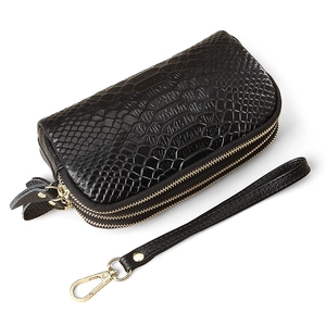 Elegant black genuine leather clutch with crocodile pattern and double gold zippers