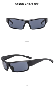 Front and side views of matte black Y2K sports sunglasses with dark lenses for outdoor cycling