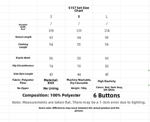 Detailed size chart for knit set showing bust and waist specs in S, M and L