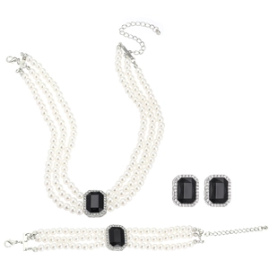 Luxus Mehrlagiges Perlen-Schmuckset mit schwarzem Kristallhalskette Armband und Ohrringen