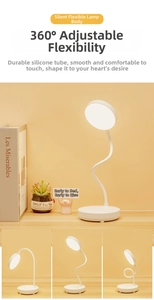 Close-up of white LED desk lamp showing the flexible 360-degree rotating silicone neck