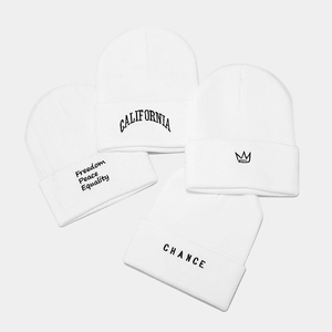 Detailed embroidery on white knitted beanies with California and crown designs