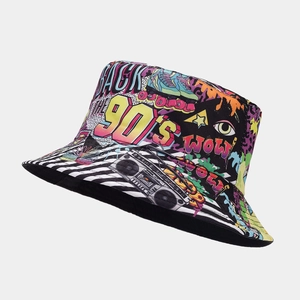 Detail of 90s retro graffiti bucket hat with colorful Back to the 90s print and sharp textures
