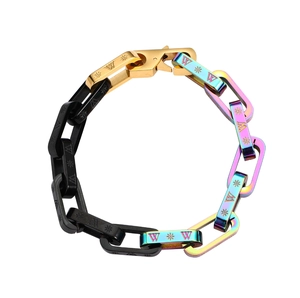 Hip hop rainbow titanium steel bracelet with black links and floral patterns