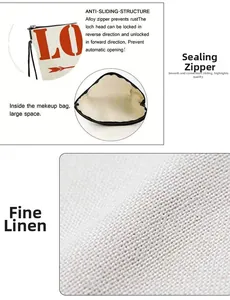 Detail of linen makeup bag showing rust-proof alloy zipper and red LO letter print
