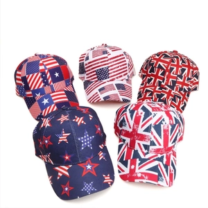 Detailed top view of twill cotton baseball caps with flag patterns and star prints