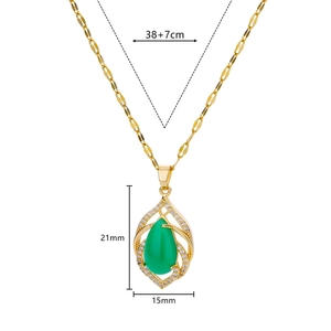 Close-up of green drop gemstone pendant with white accents on 38+7cm gold chain