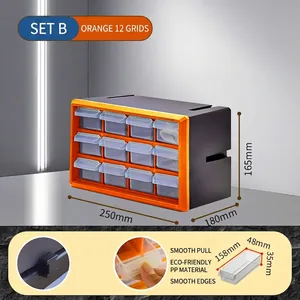 Detail of modular 12-drawer orange storage box with precise dimensions and side clips