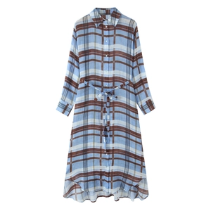 Plaid Long Sleeve Shirt Dress Women Polyester Button Down With Belt Irregular Hem Casual Elegant Maxi Dress