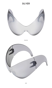 Y2K futuristic oversized silver wrap sunglasses shown from front and side view angles