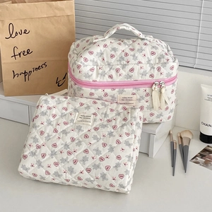 Quilted cotton makeup bag set with heart and bear prints, double zipper and handle