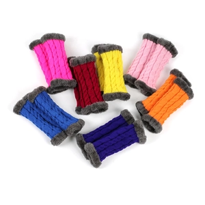 Colorful cable knit leg warmers featuring stylish grey faux fur trim details