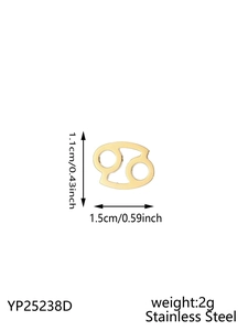 Macro view of gold stainless steel Cancer zodiac pendant with dimensions and 2g weight