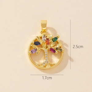 Macro detail of Tree of Life pendant with colorful marquise zircons and gold plating