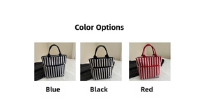 Detailed close-up showing blue, black, and red canvas tote bags with striped texture