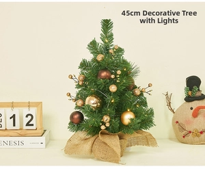 Mini 45cm lighted Christmas tree with gold ornaments and burlap base decoration