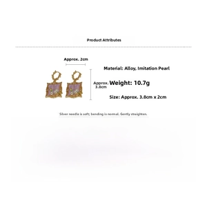 Detailed size view of vintage gold-tone earrings with purple resin and pearl inlays