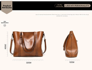 Detail view of brown vintage PU leather tote showing large capacity and side structure