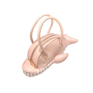 Pink whale-shaped creative handbag for women with striped base and dual top handles