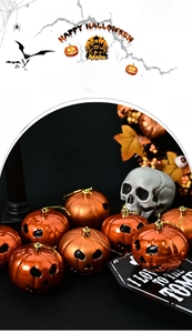Detail of 8cm orange metallic pumpkin ornaments with gold strings for Halloween tree decor