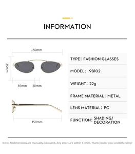 Detailed technical specifications and dimensions of cat eye metal sunglasses