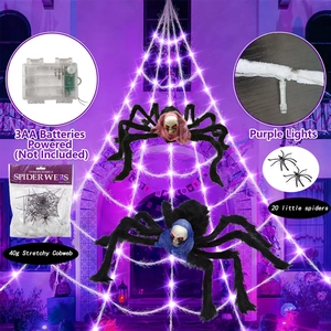 Halloween purple light spider web set with large spiders and 40g stretchy cobweb