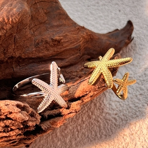 Starfish Ring Stainless Steel Adjustable Open Band Ocean Beach Vintage Textured Jewelry For Women Men