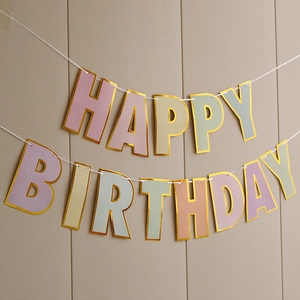 Pastel macaron Happy Birthday banner with gold foil edges for party wall decoration