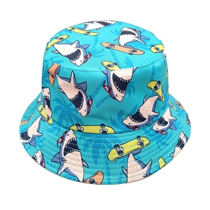 Teal shark and skateboard print bucket hat for outdoor sun protection and casual summer style