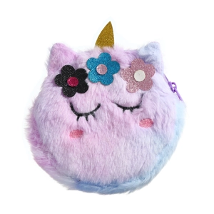 Detailed close-up of a plush unicorn purse featuring purple gradient fur and sequins