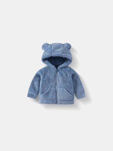Plush light blue hooded jacket with bear ears for toddlers and infants with zipper closure