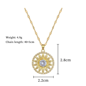 Detail showing dimensions of sunflower necklace with sparkling zircon and gold finish